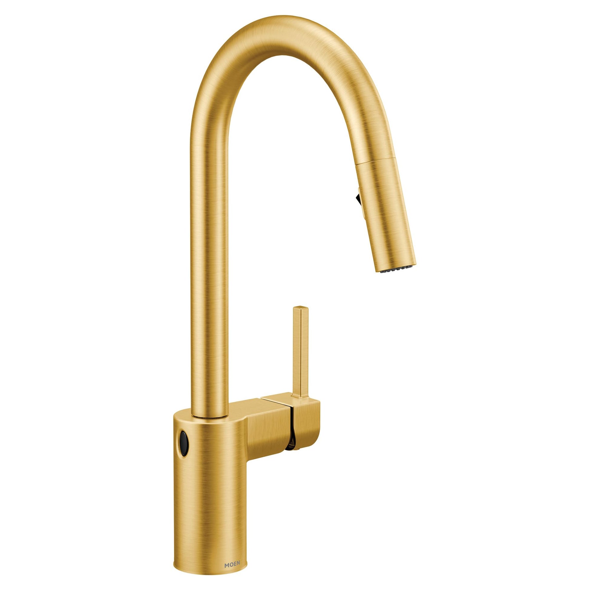 Brushed gold high-arc pulldown kitchen faucet with single handle and sensor activation.