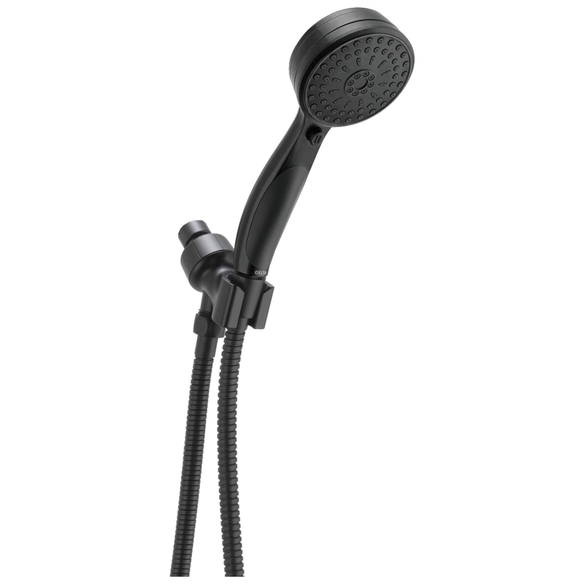 Black Delta shower head with perforated face mounted on adjustable arm with hose and wall bracket.