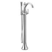 Chrome freestanding floor mount tub filler with curved spout, single handle, and detachable handshower on hose.