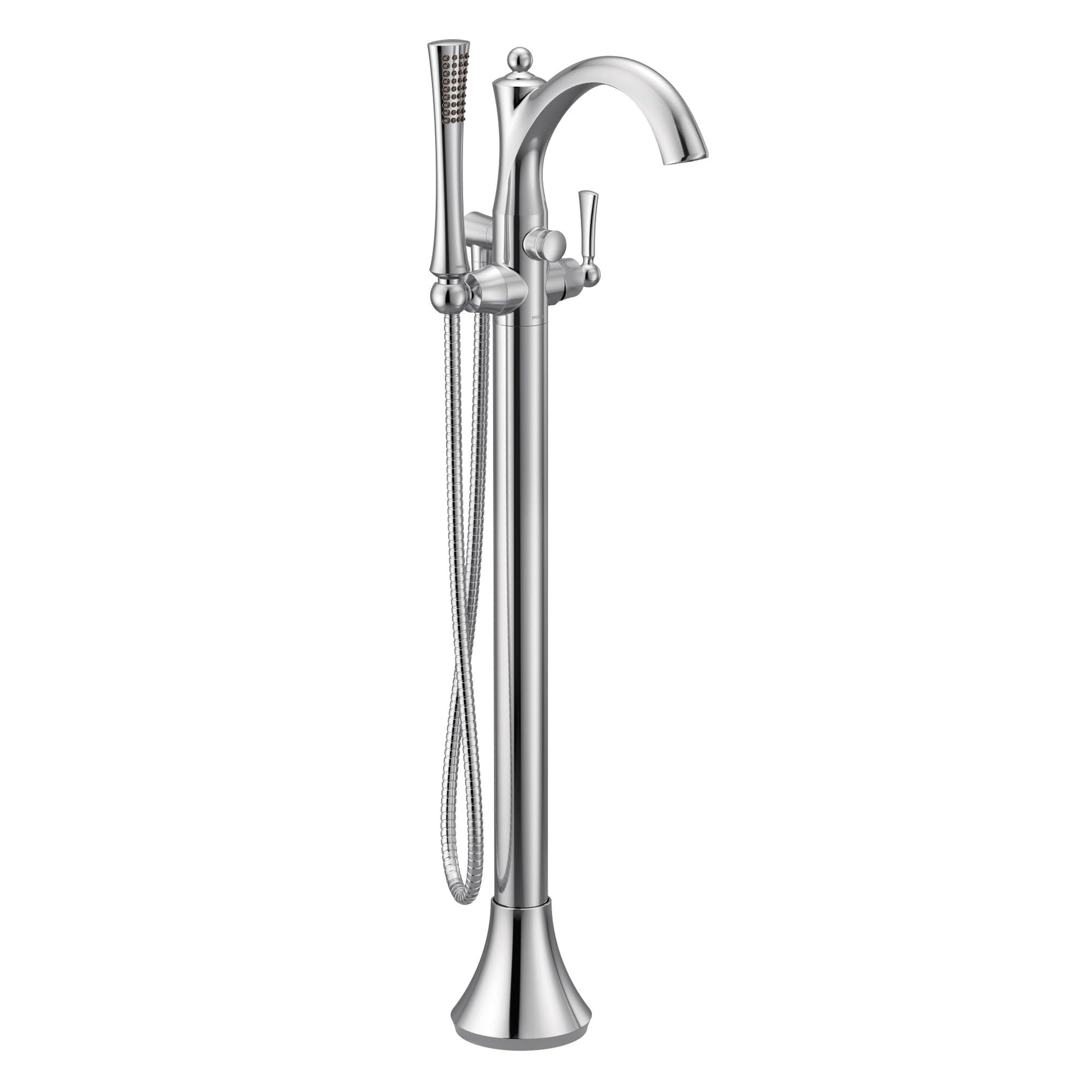 Chrome freestanding floor mount tub filler with curved spout, single handle, and detachable handshower on hose.
