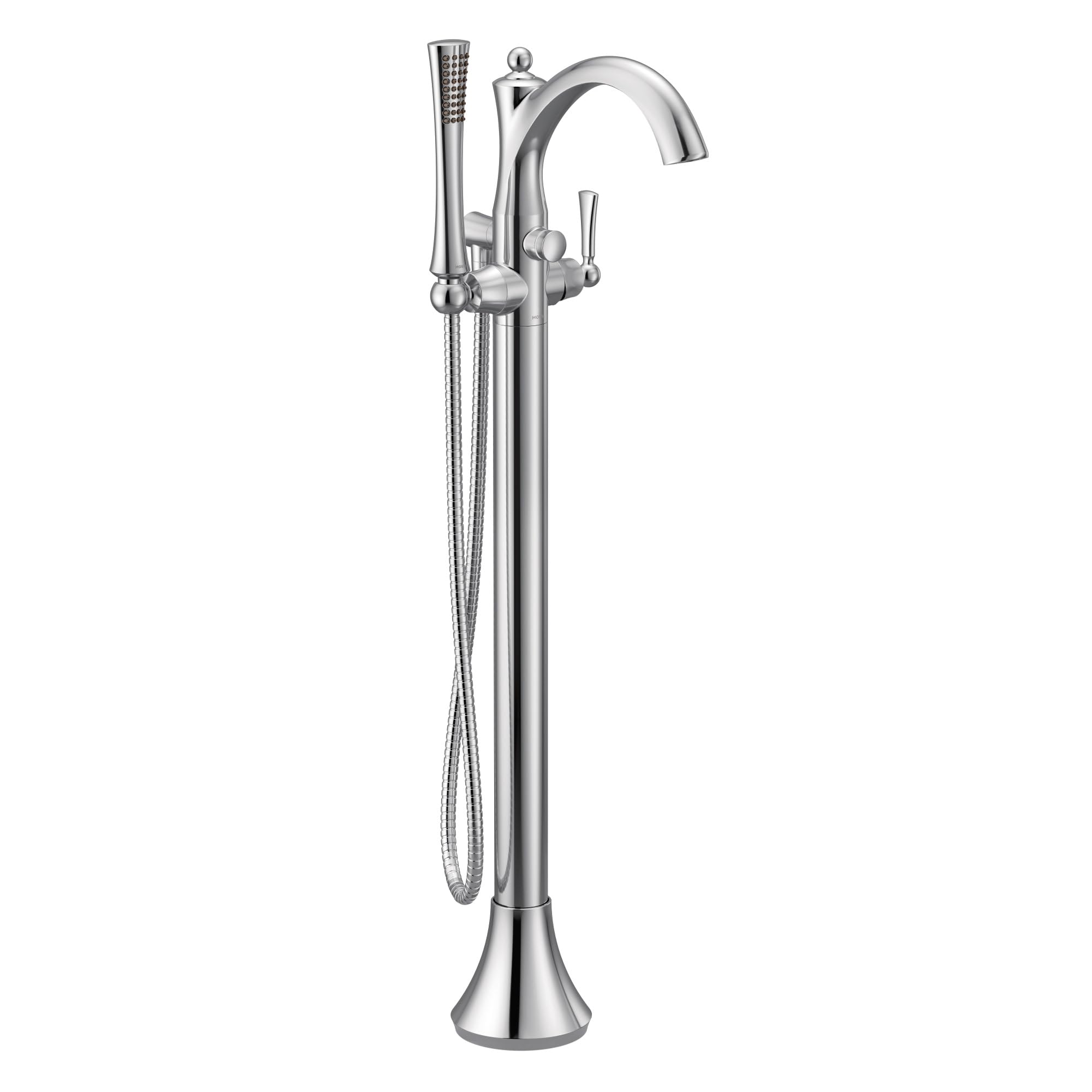 Chrome freestanding floor mount tub filler with curved spout, single handle, and detachable handshower on hose.