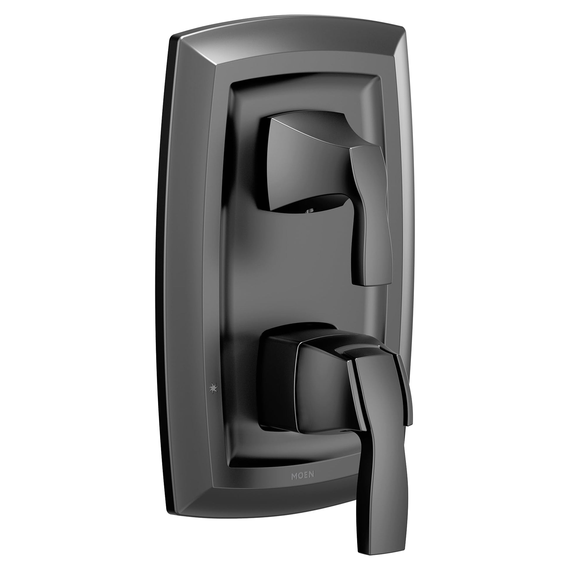 Matte black shower trim with two handles and integrated transfer valve mounted on rounded rectangular escutcheon plate.
