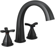 Black arc Roman tub faucet with curved spout and two cross handles on matching bases.