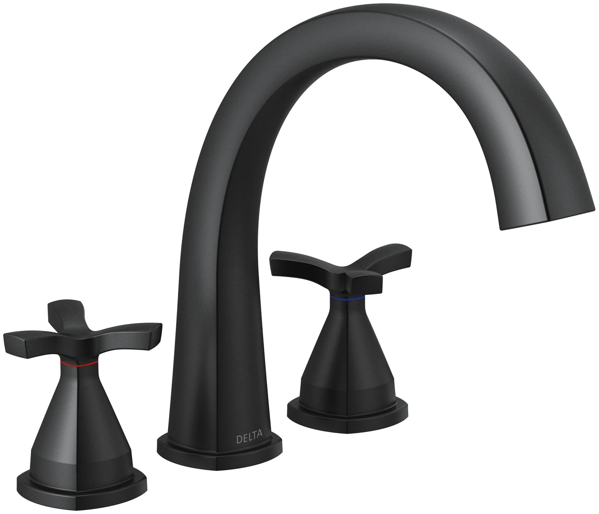 Black arc Roman tub faucet with curved spout and two cross handles on matching bases.
