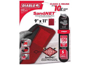 Five red 120-grit SandNET universal reusable sanding sheets, 9" x 11", with textured surface and black border for hand sandin