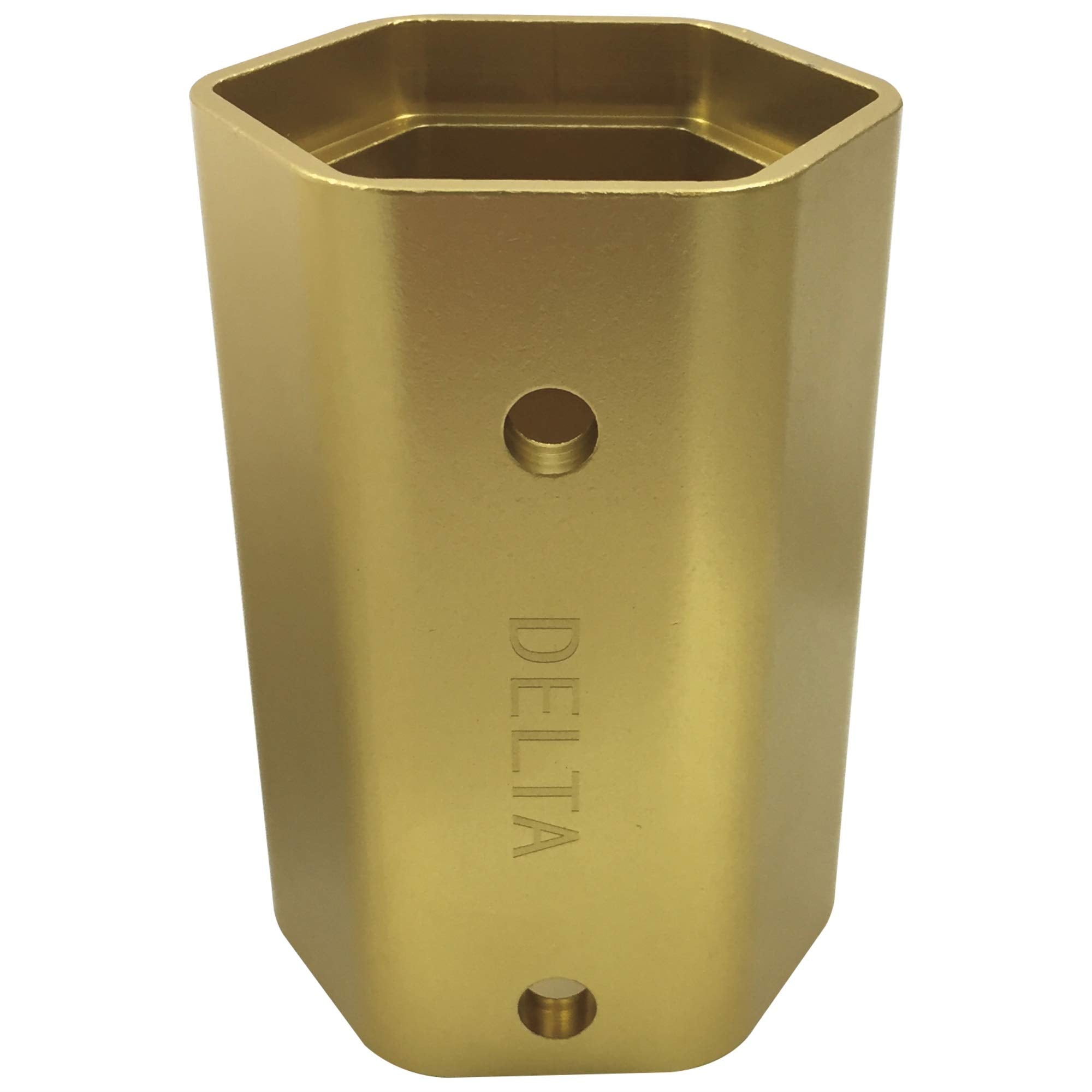 Brass-colored bonnet nut tool with hexagonal opening, Delta branding, and two circular holes on the cylindrical body.