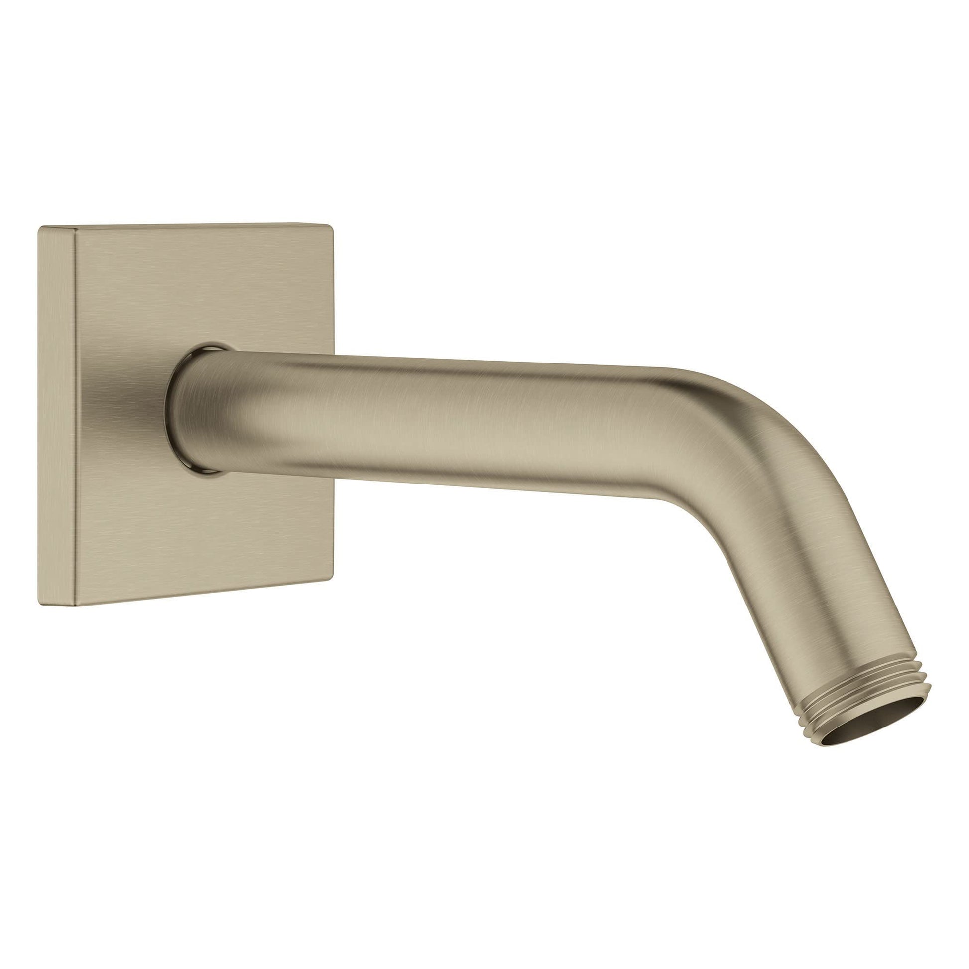 Brushed nickel shower arm with square wall mount and angled outlet fitting.