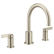 Brushed nickel two-handle high-arc deck mount roman tub faucet with lever handles and curved spout.