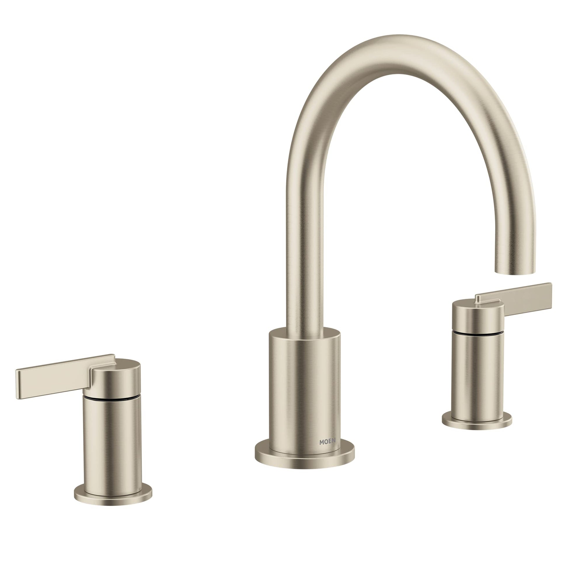 Brushed nickel two-handle high-arc deck mount roman tub faucet with lever handles and curved spout.