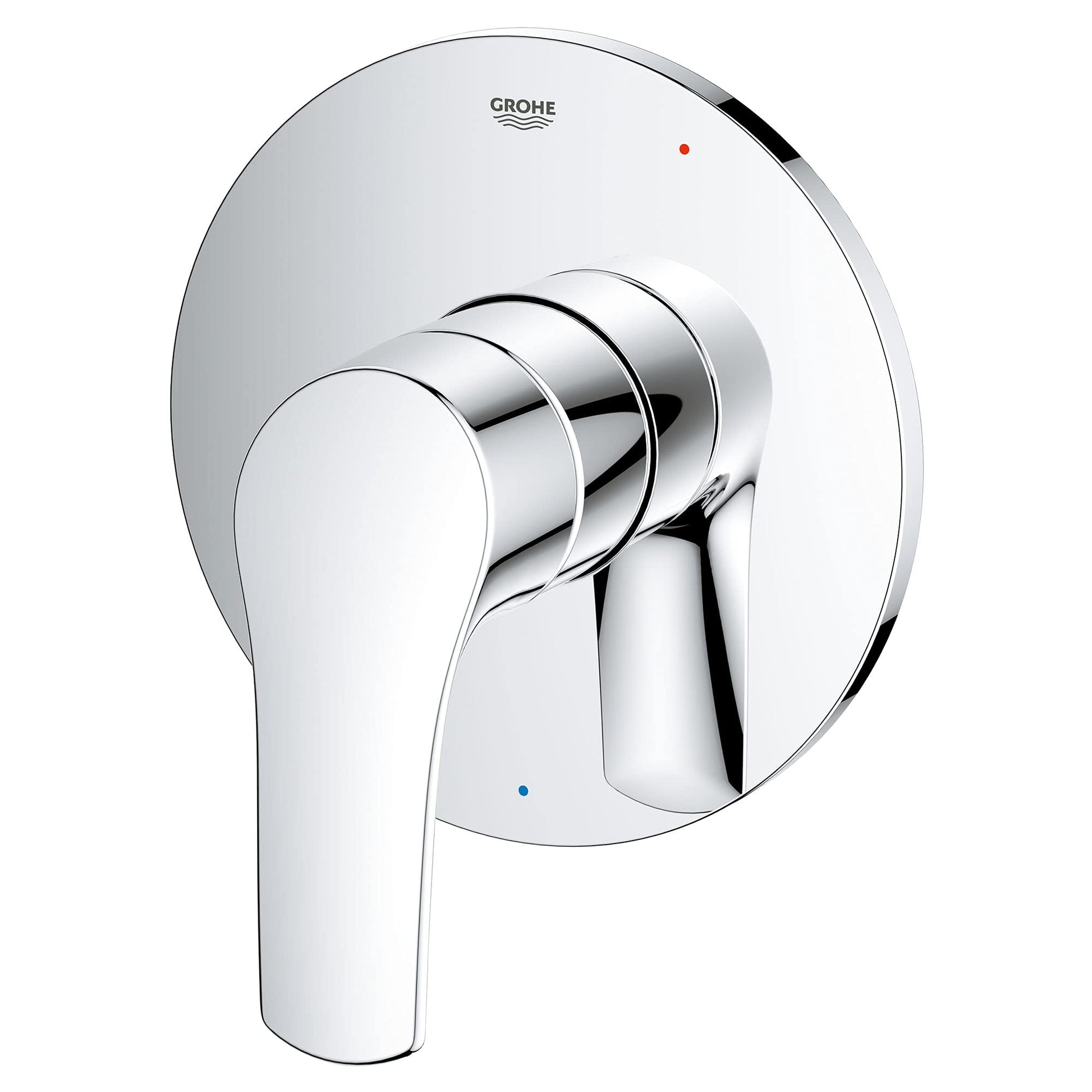 Grohe Eurosmart chrome shower valve trim with single lever handle and round escutcheon plate.