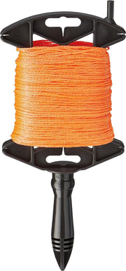Black reel with orange twisted nylon line wound around spool and black grip handle.