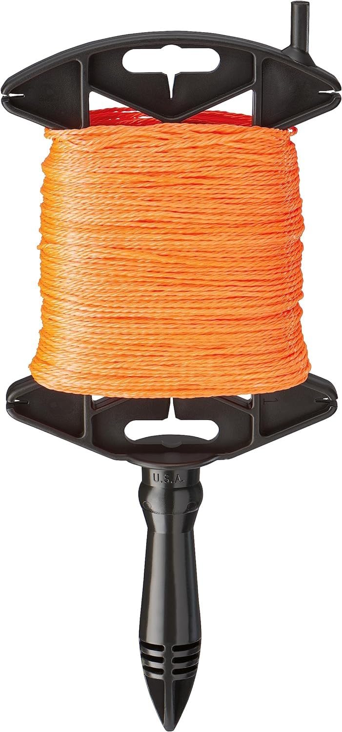 Black reel with orange twisted nylon line wound around spool and black grip handle.