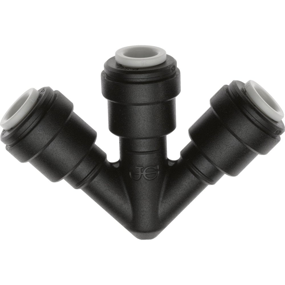 Black plastic W-connector with three cylindrical ports featuring gray rubber seals on white background.