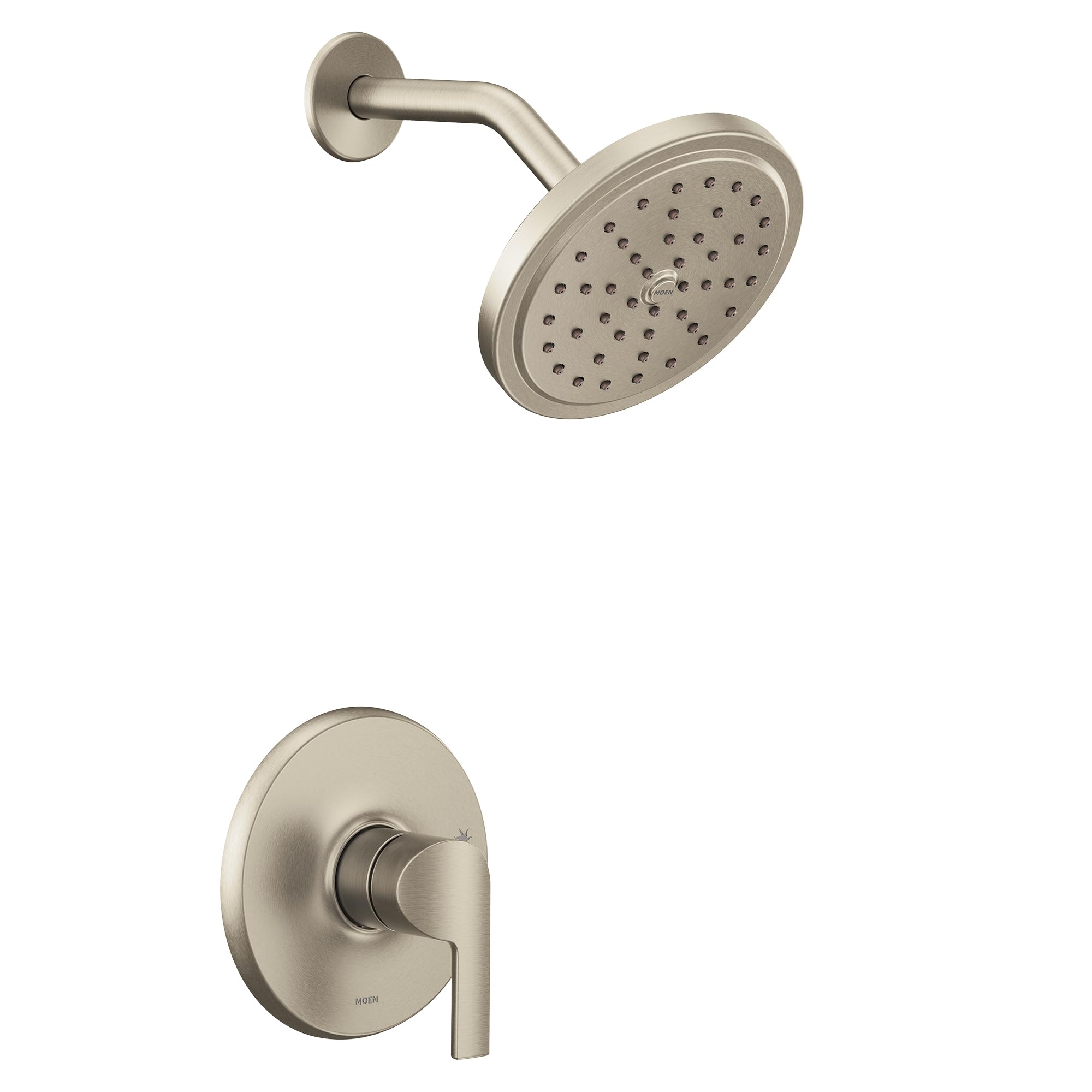 Brushed nickel shower trim kit with single lever handle and round showerhead with spray holes.