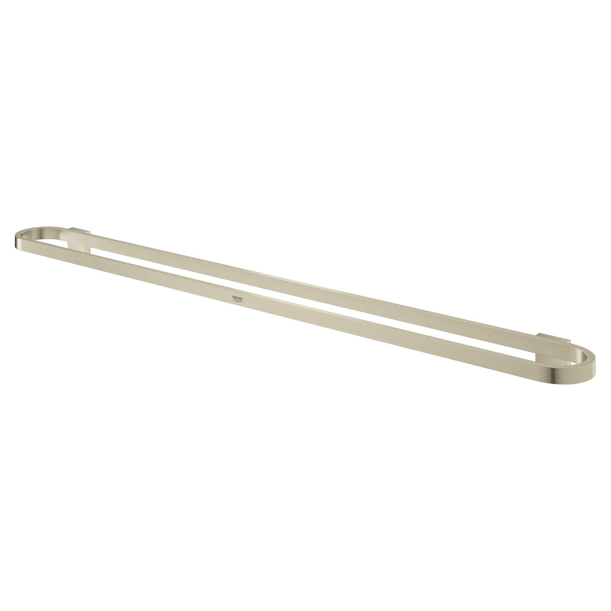 Brushed nickel towel bar with curved ends and straight horizontal rail design.