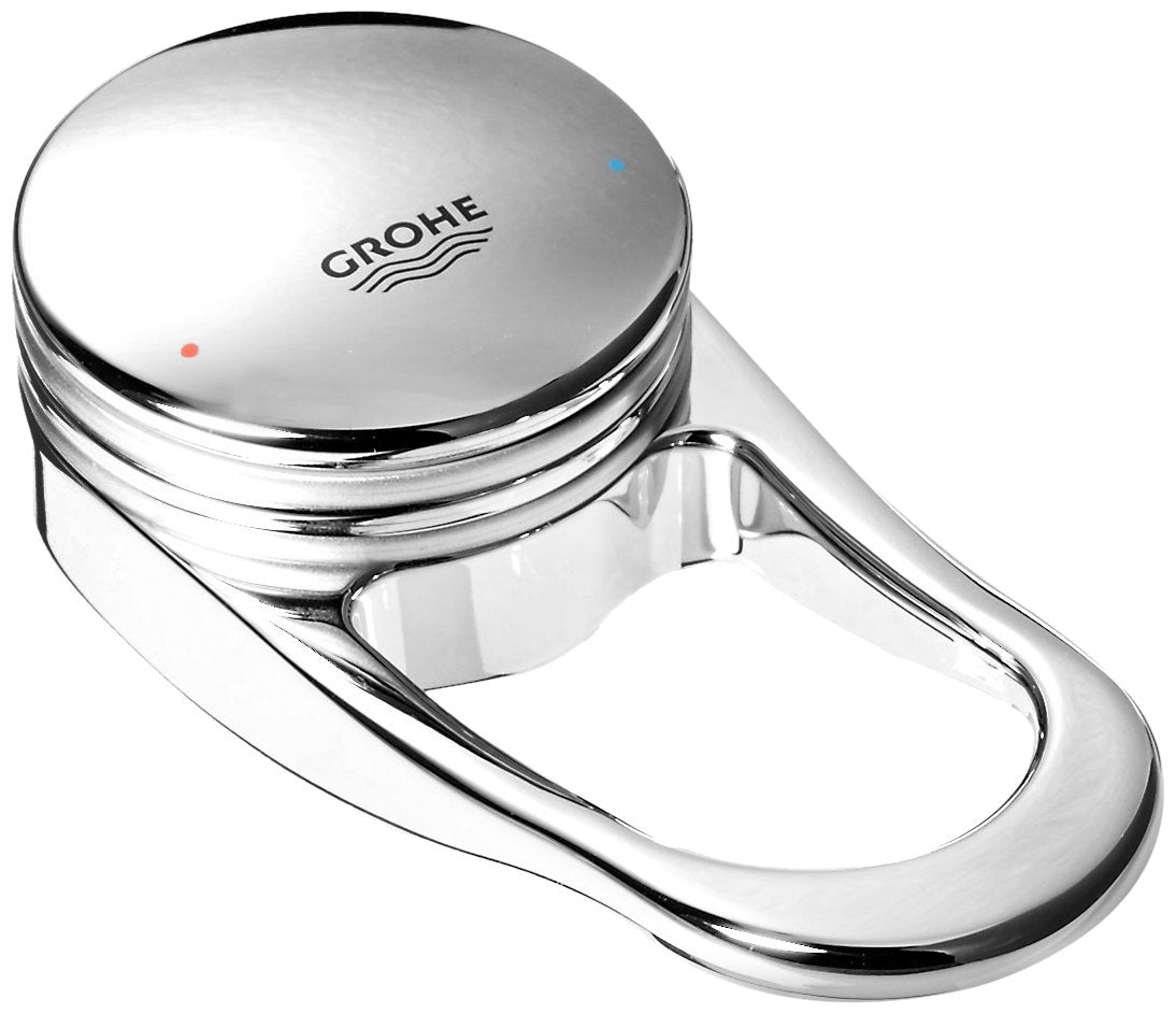 Grohe chrome lever with round handle and curved base, featuring Grohe logo and indicator dots.