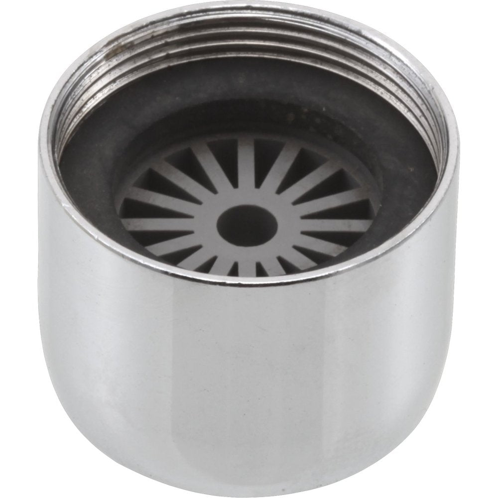 Chrome stream straightener aerator with radial slot pattern and center opening on cylindrical body.