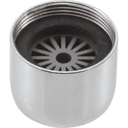 Chrome stream straightener aerator with radial slot pattern and center opening on cylindrical body.