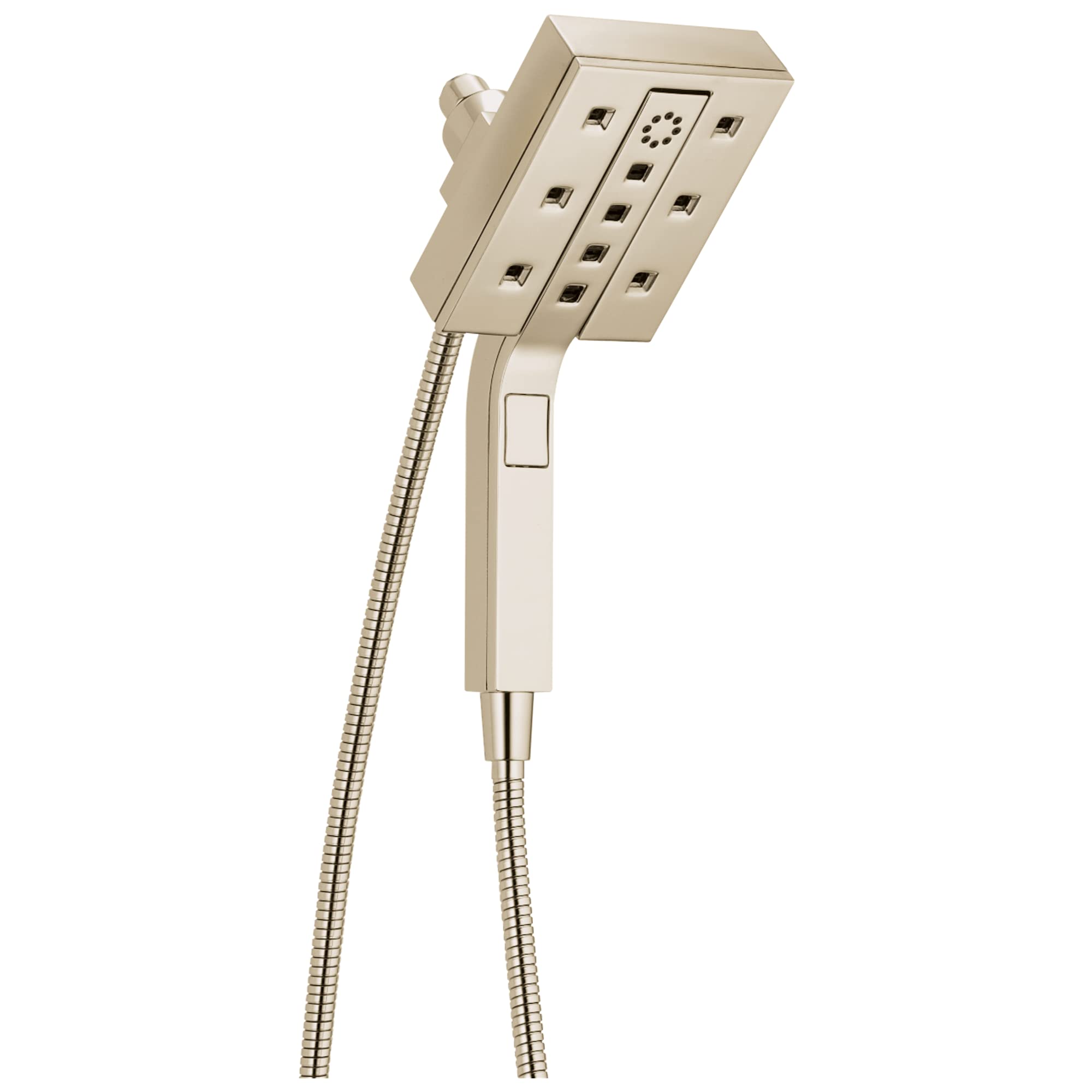Square brushed nickel showerhead with multiple spray jets and handheld shower wand with flexible hose.