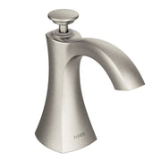 Moen stainless steel deck-mounted kitchen soap dispenser with curved spout and round pump button.