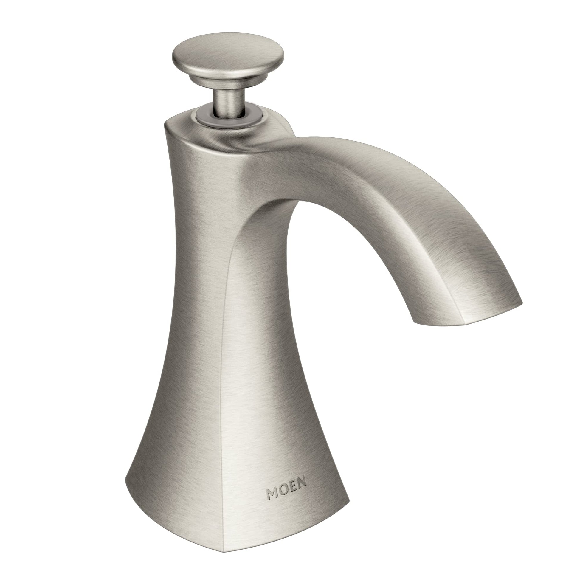 Moen stainless steel deck-mounted kitchen soap dispenser with curved spout and round pump button.