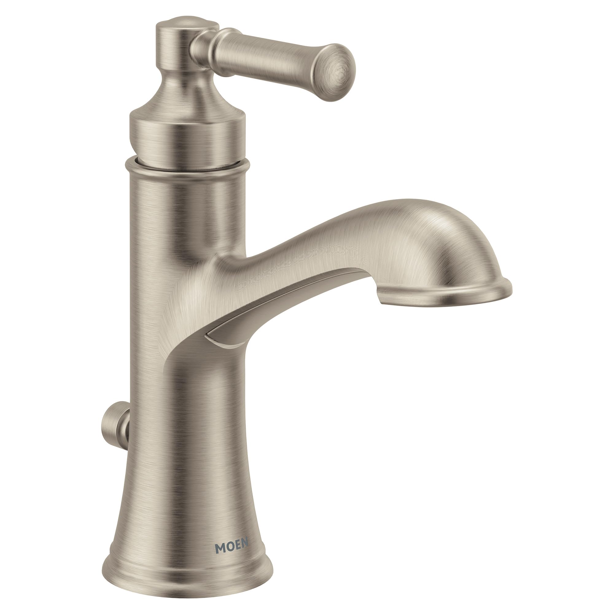 Brushed nickel single-handle bathroom sink faucet with curved spout and lever handle.