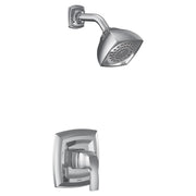 Chrome shower trim kit with single handle valve and square showerhead with perforated spray pattern.