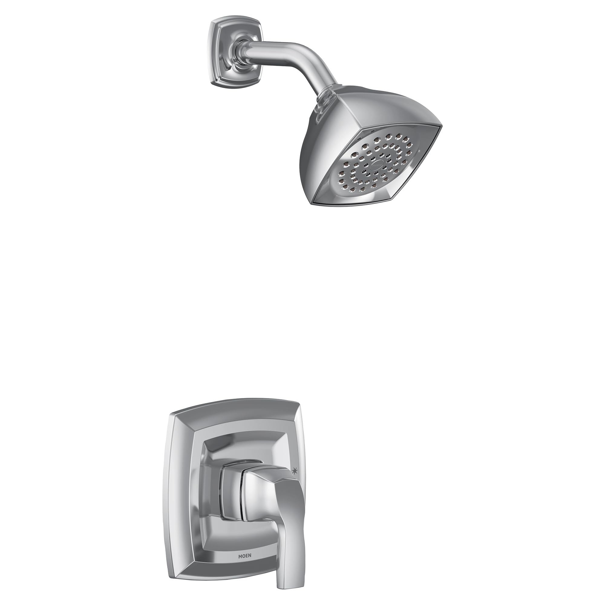 Chrome shower trim kit with single handle valve and square showerhead with perforated spray pattern.