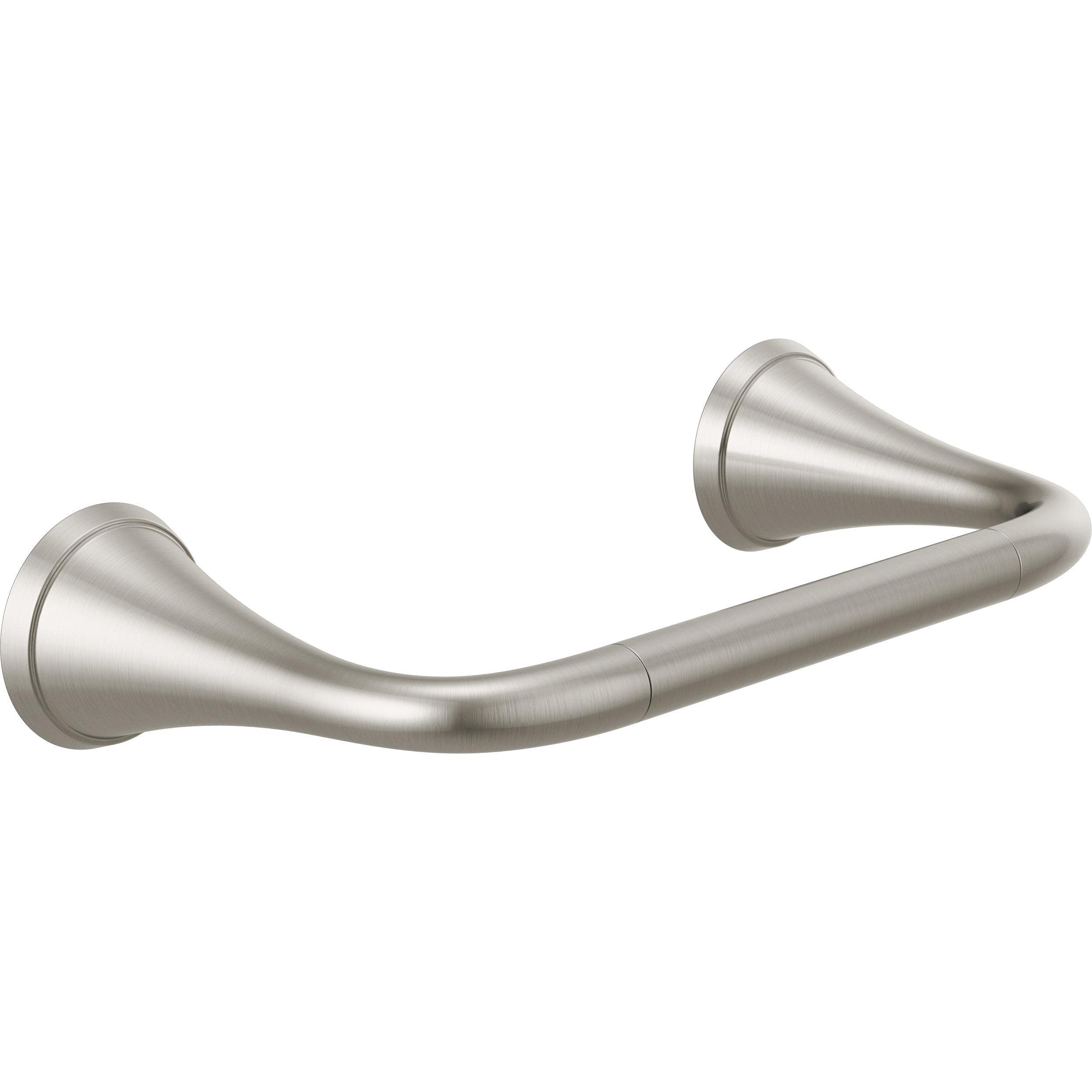 Brushed nickel curved towel bar with conical end caps mounted horizontally on white background.