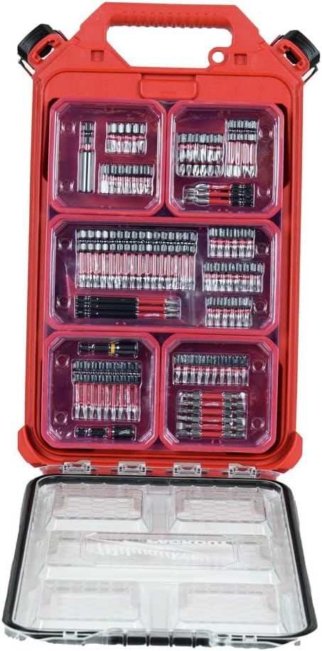 Red Milwaukee drill and drive kit with organized compartments containing various drill bits, screwdriver bits, and accessorie