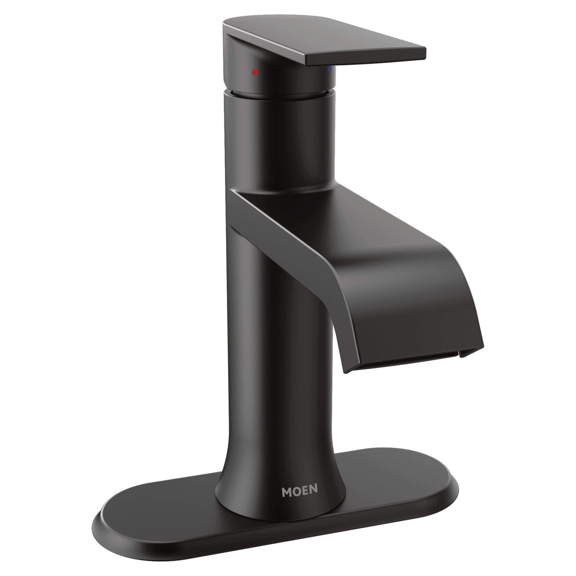Moen Genta LX matte black single handle bathroom faucet with curved spout and rectangular base plate.