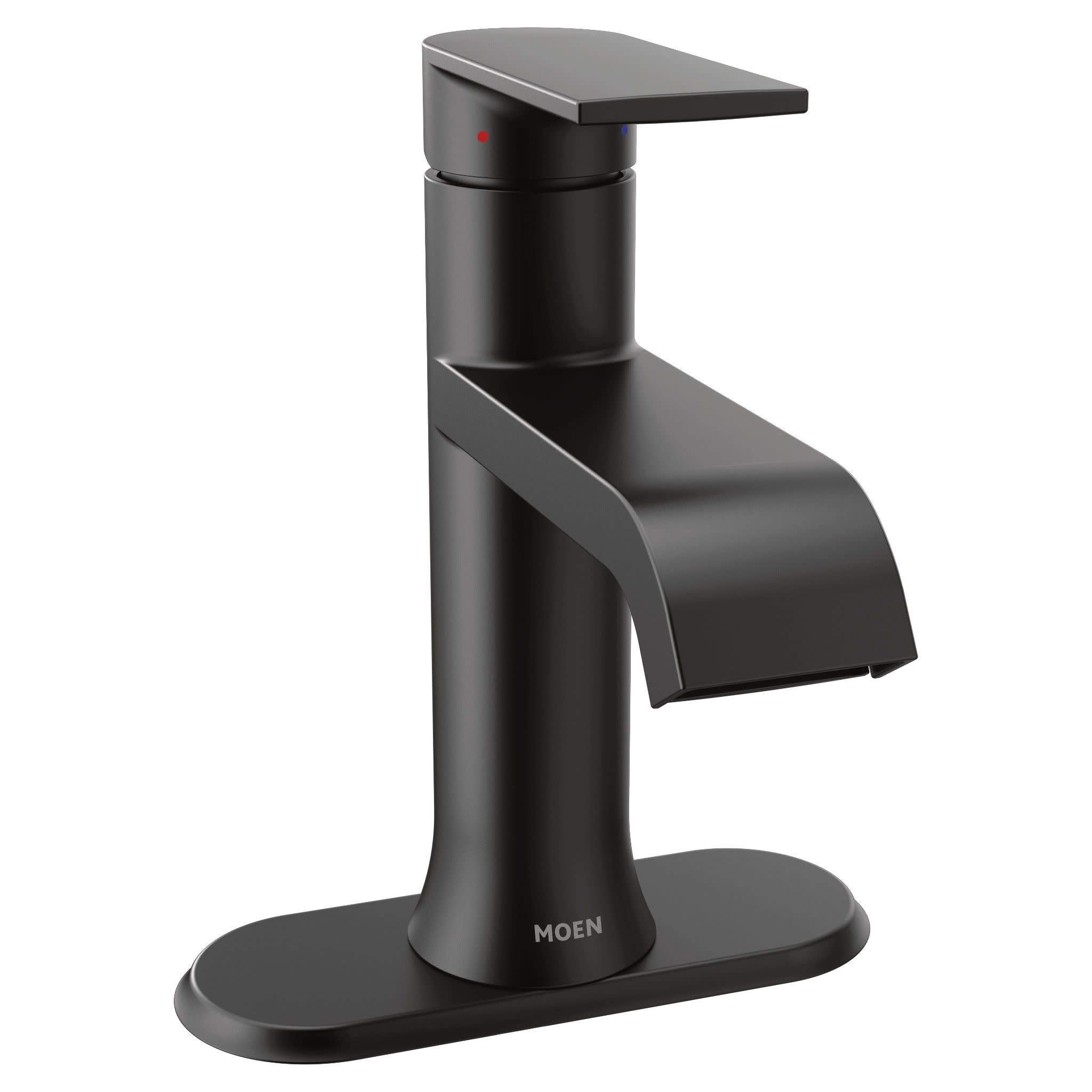 Moen Genta LX matte black single handle bathroom faucet with curved spout and rectangular base plate.