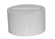 White ABS cylinder shower drain with stainless steel strainer top and offset inlet opening.