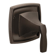 Oil rubbed bronze shower diverter valve trim with curved square escutcheon plate and single lever handle.