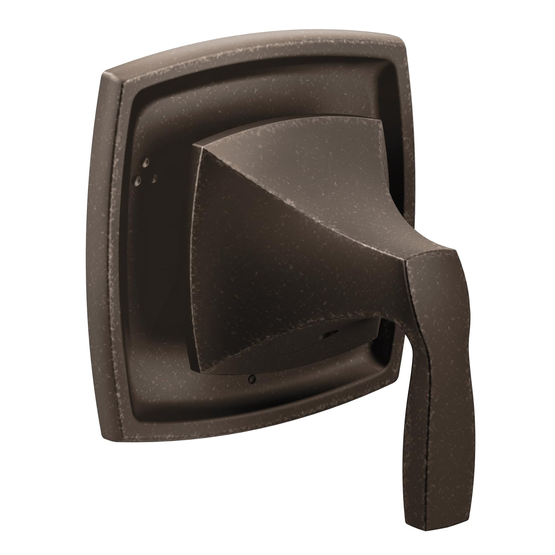 Oil rubbed bronze shower diverter valve trim with curved square escutcheon plate and single lever handle.