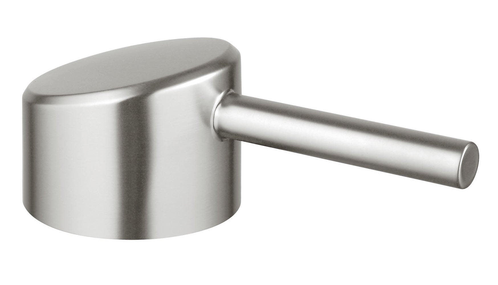 Stainless steel lever with cylindrical handle and rounded cap, mounted on angled base.