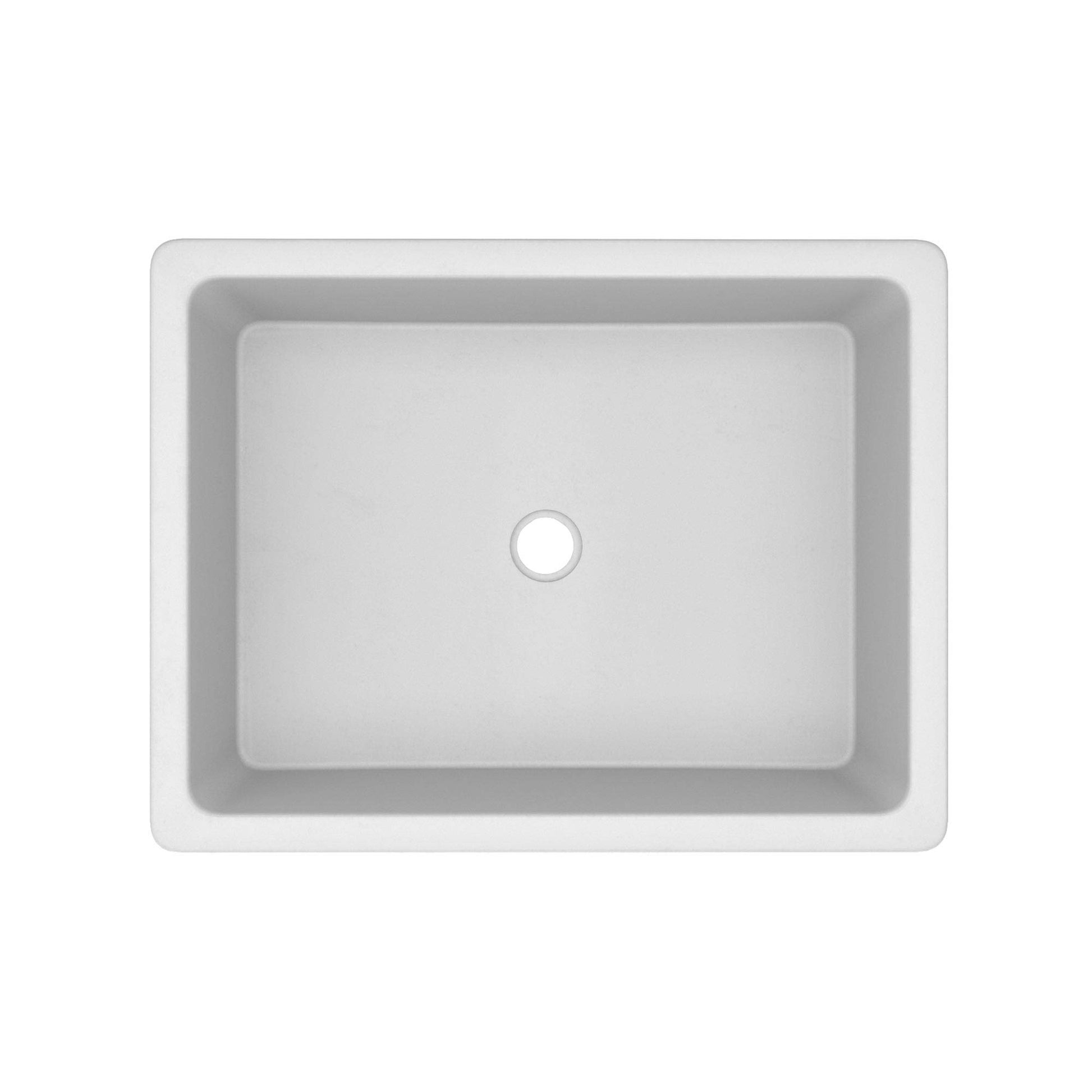 Pearl-colored rectangular bathroom sink with single faucet hole, viewed from above.