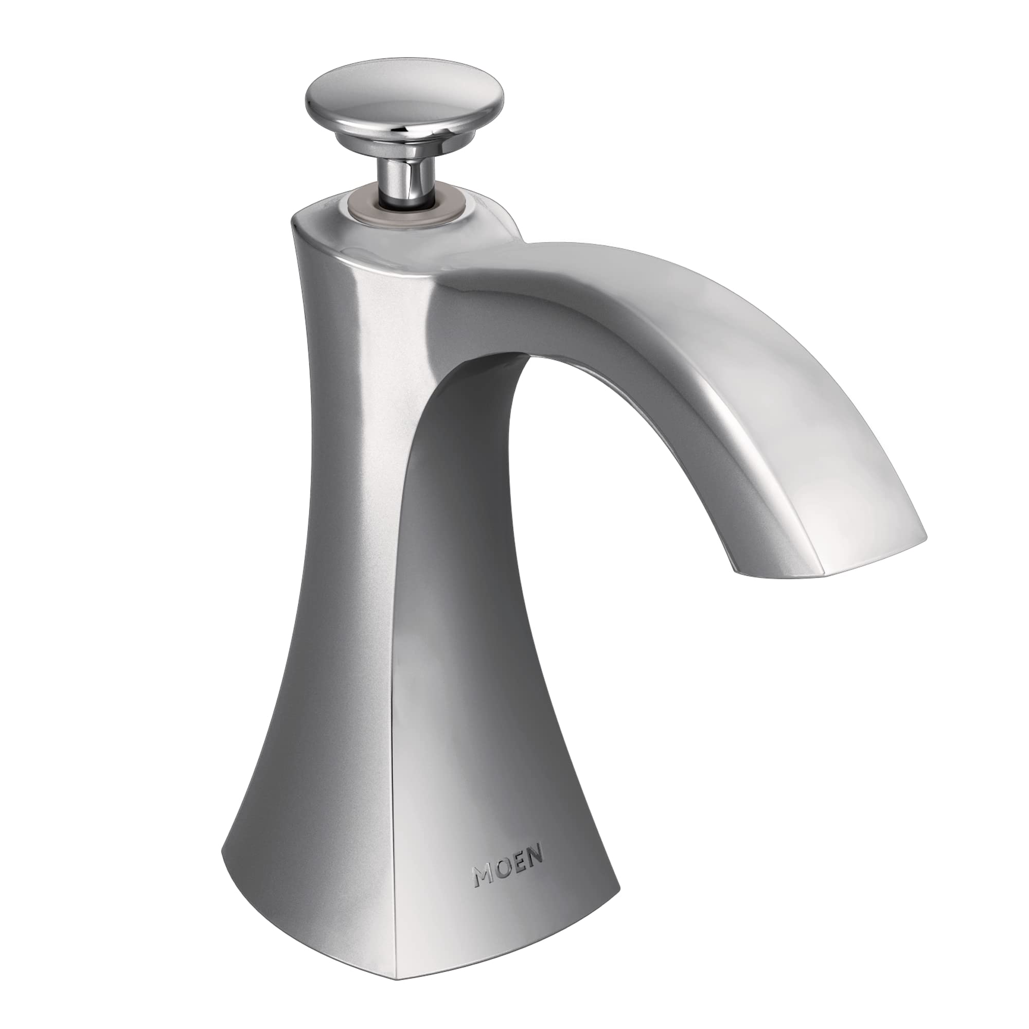 Chrome kitchen soap dispenser with curved spout and round pump button on tapered base.