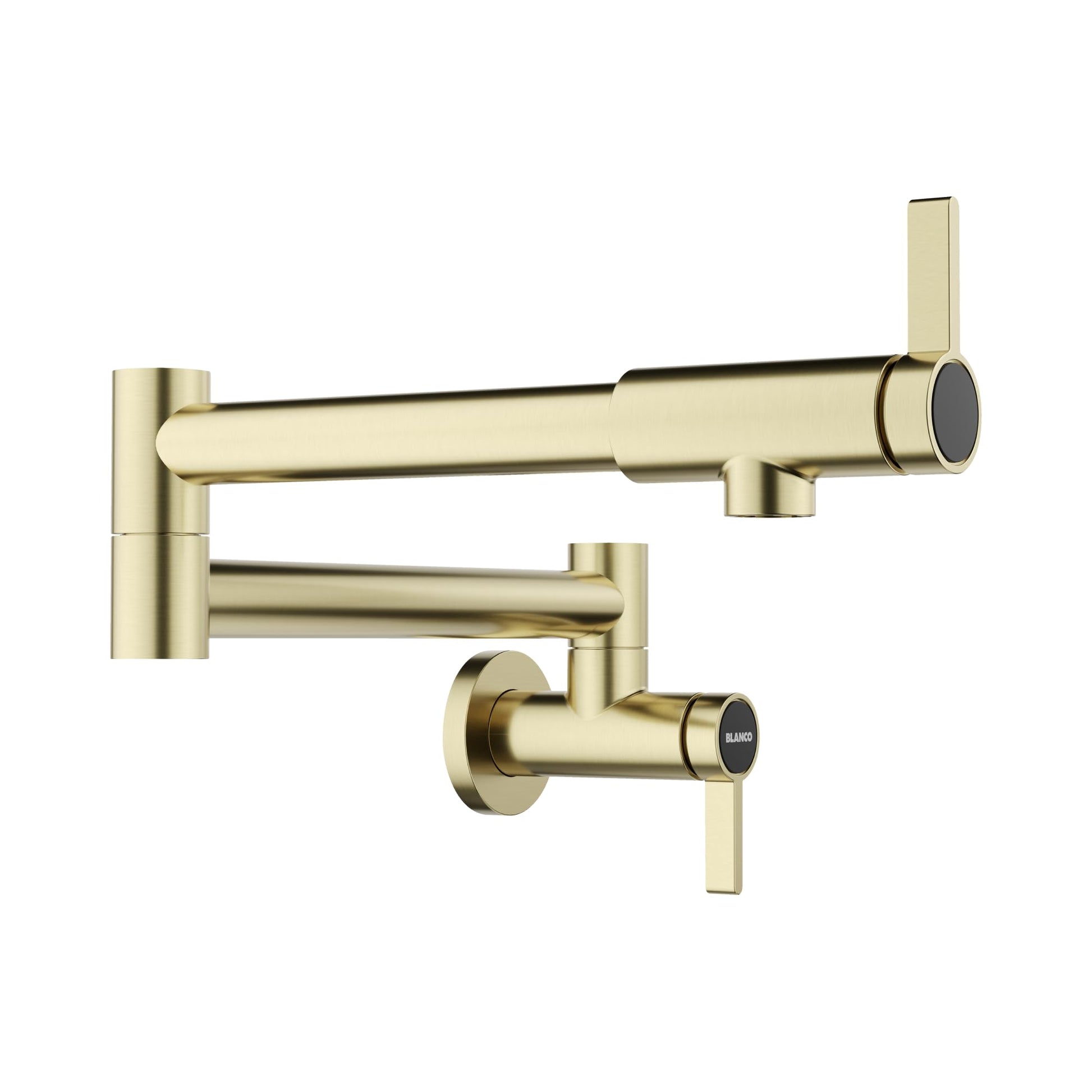 Satin gold wall-mounted potfiller faucet with articulating arm and lever handles.
