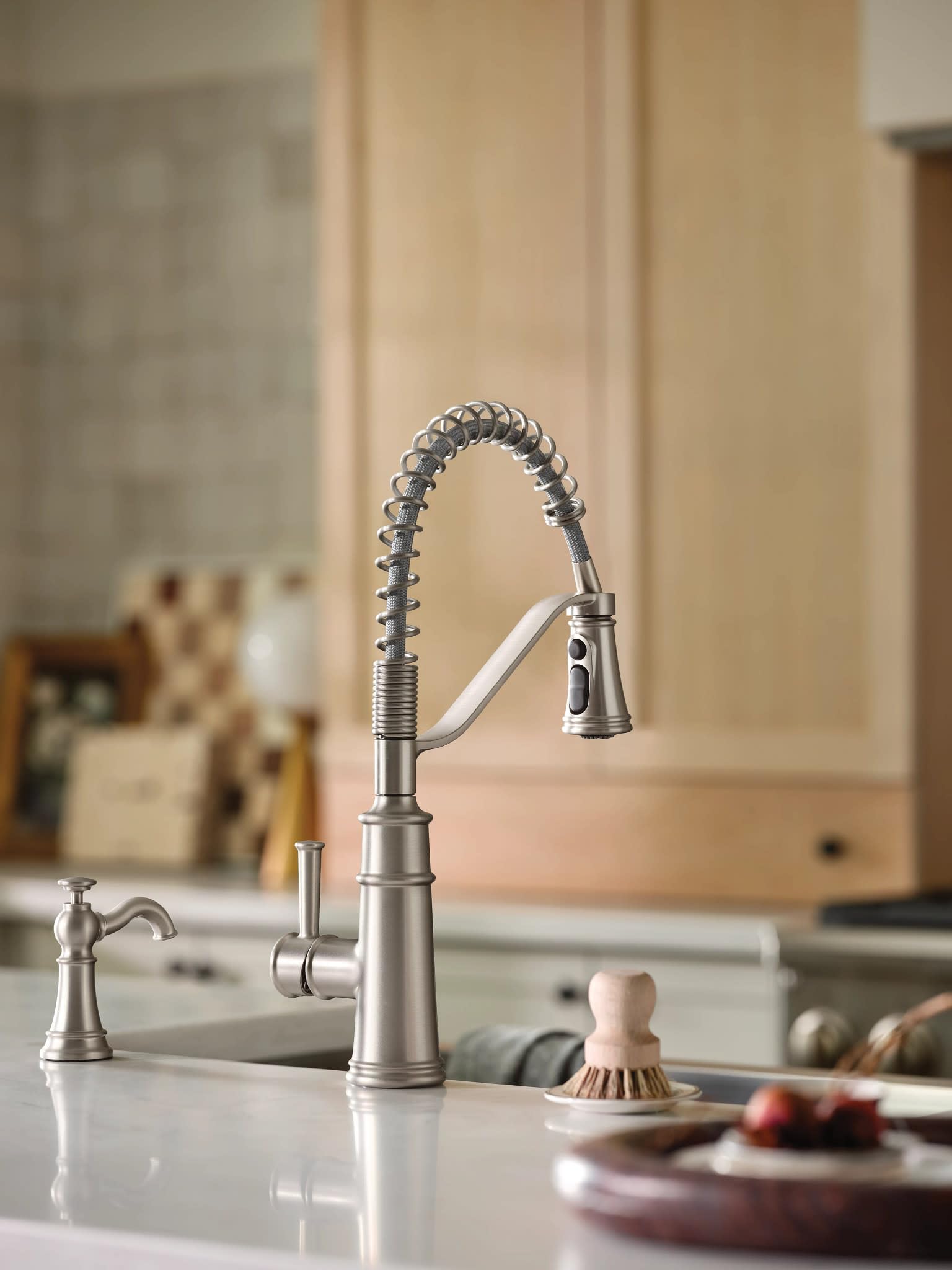 Moen Belfield Stainless Kitchen Faucet Modern Spring Kitchen Faucet with Power Boost Pre Rinse One Handle Easy Installation Spot Resist Finish in Spot Resist Stainless - 5927SRS