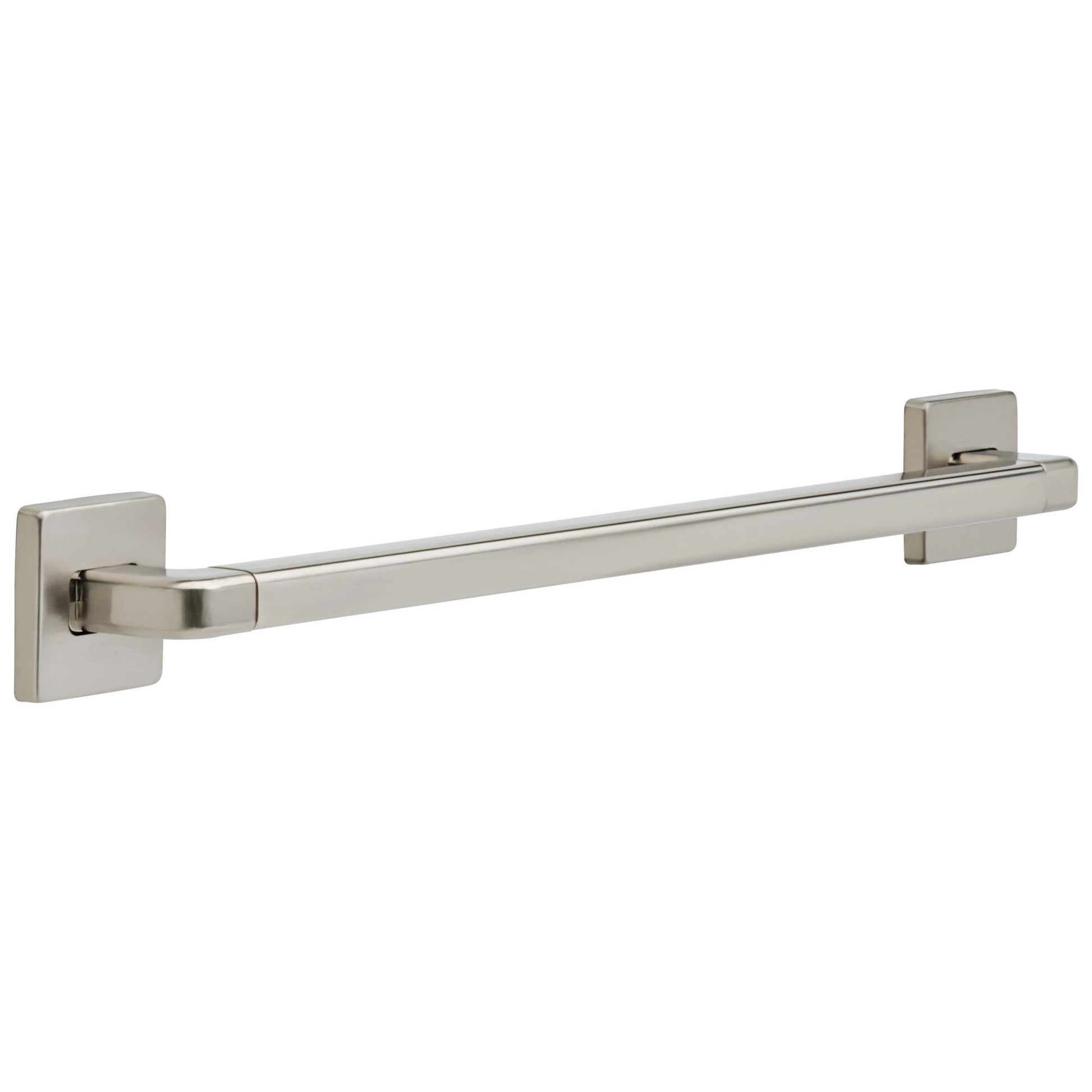 Stainless steel angular grab bar with square mounting plates on each end, mounted horizontally.
