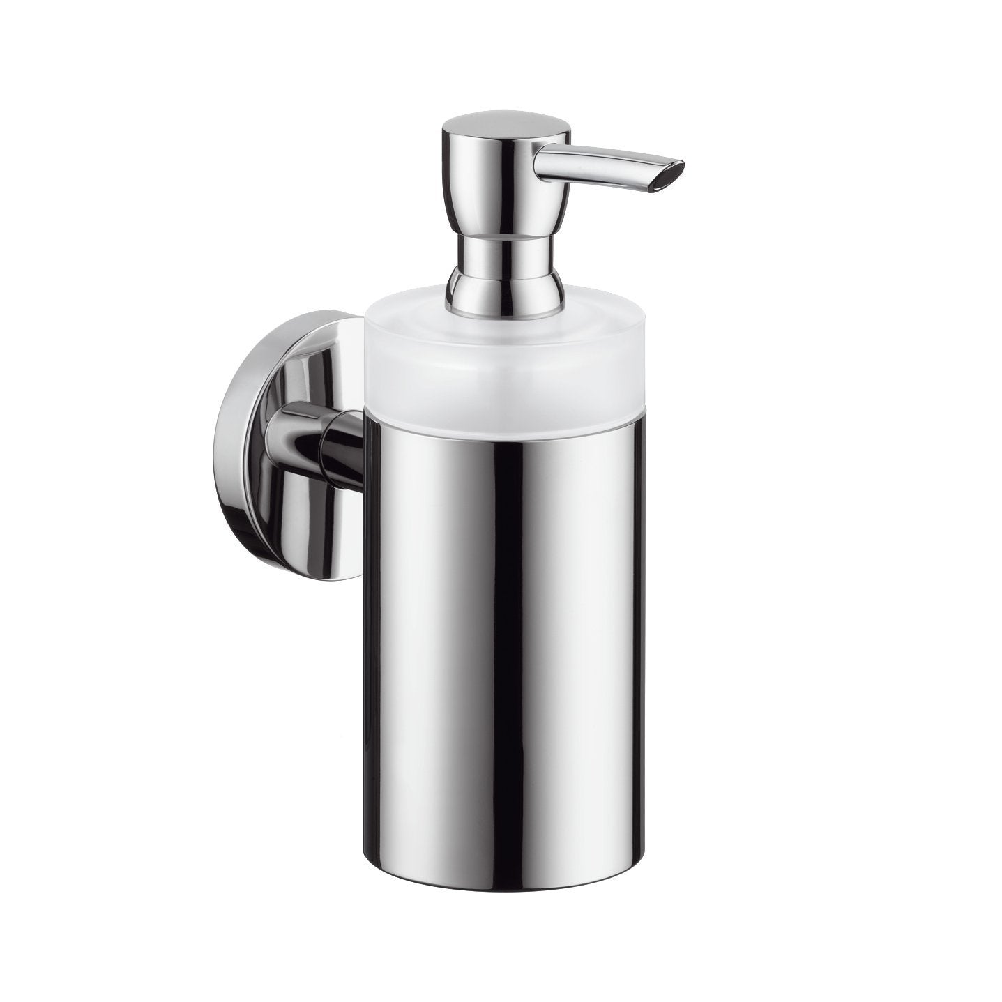 Brushed nickel wall-mounted soap dispenser with cylindrical container and lever pump.