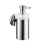 Brushed nickel wall-mounted soap dispenser with cylindrical container and lever pump.