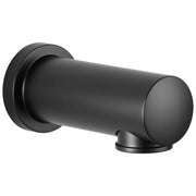 Matte black cylindrical tub spout with rounded end and circular wall-mounted flange.