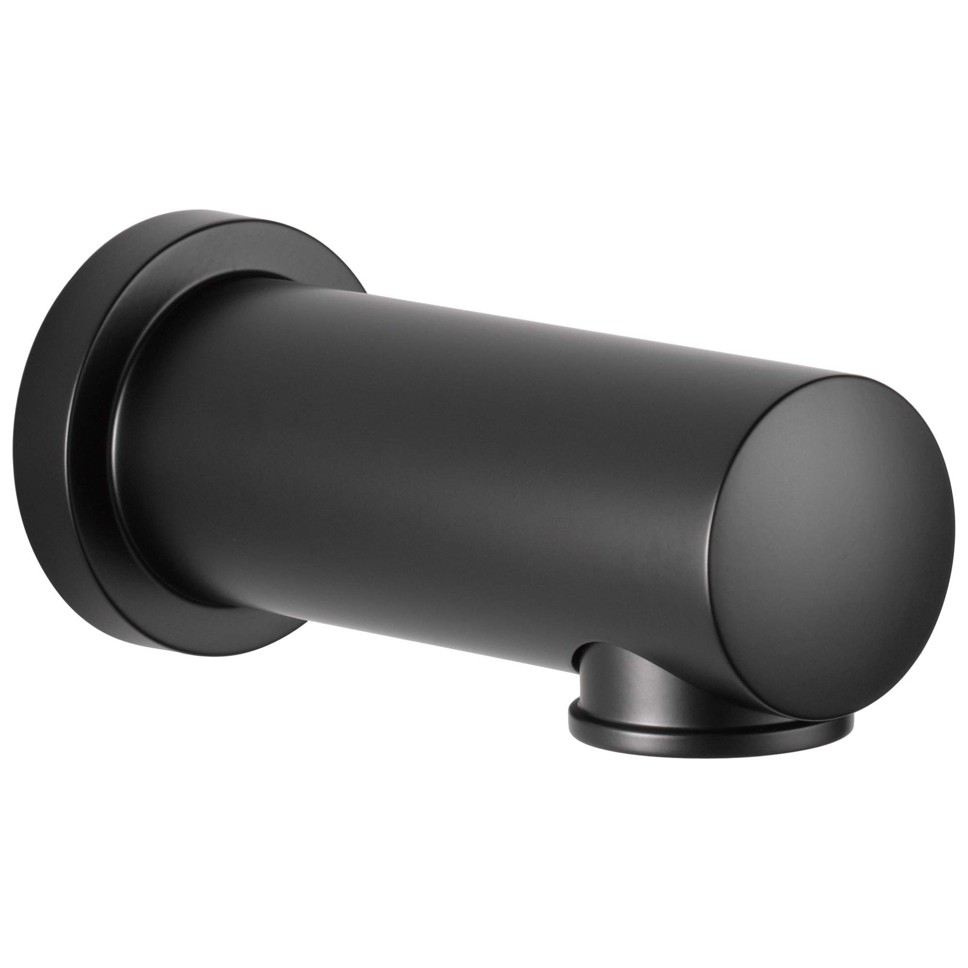 Matte black cylindrical tub spout with rounded end and circular wall-mounted flange.