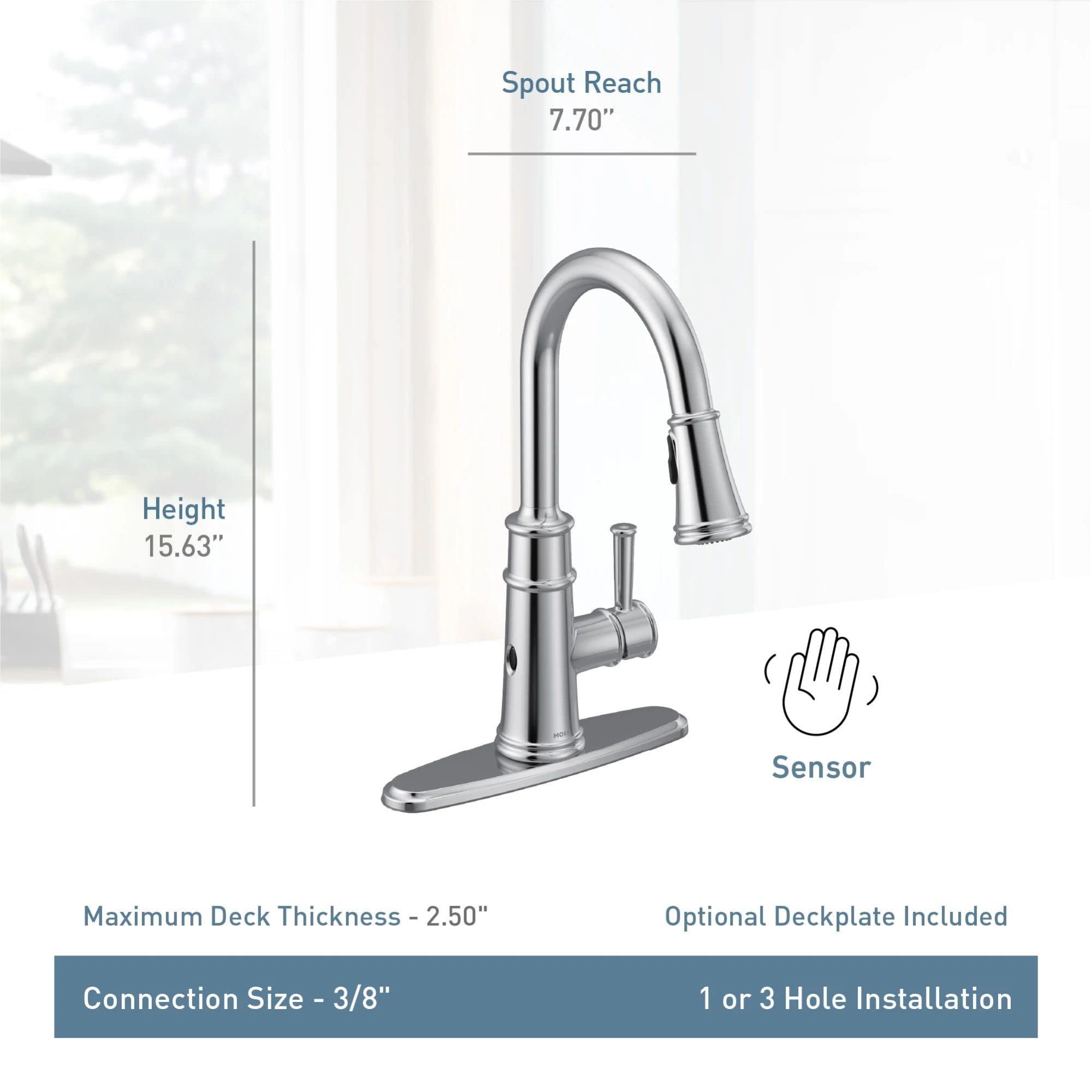 Stainless steel pulldown kitchen faucet with curved spout, single handle, and motion sensor activation.