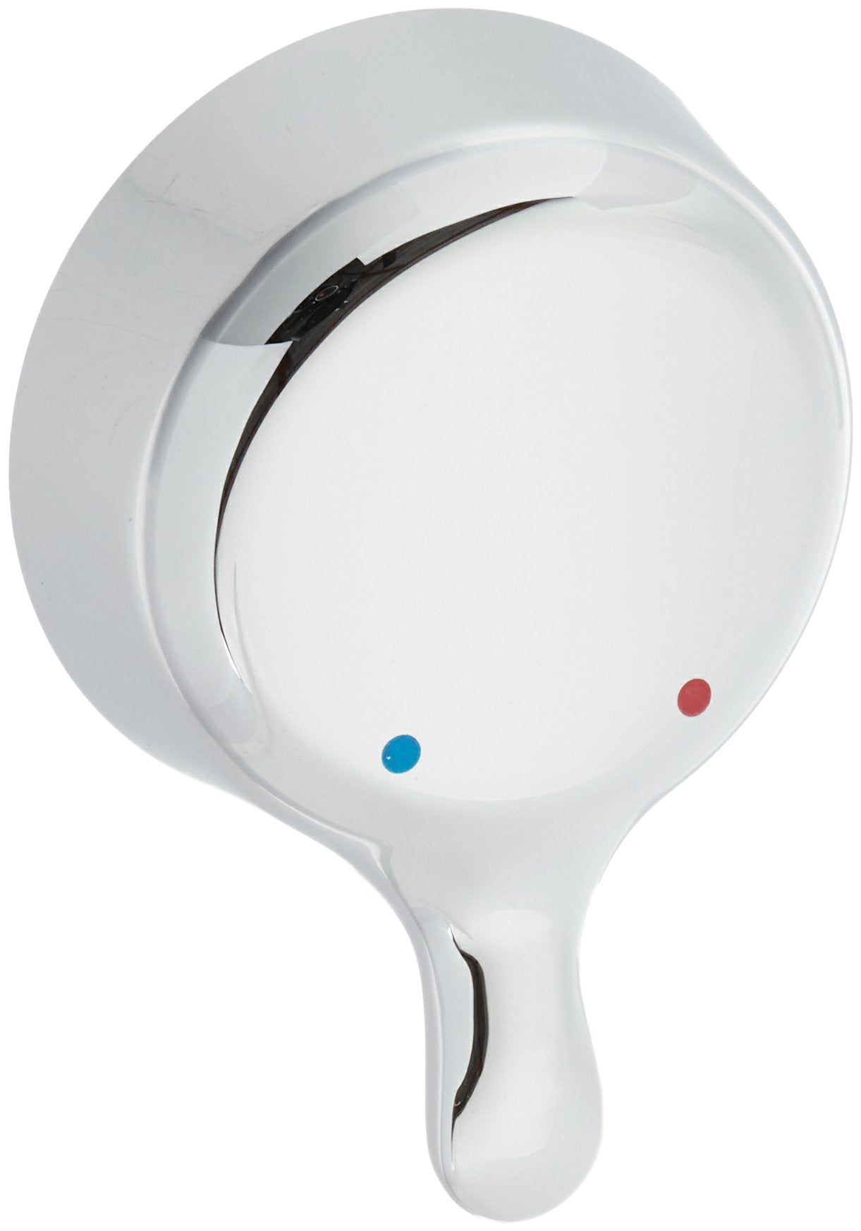 White circular temperature knob with blue and red indicator dots and black pointer indicator on handle.