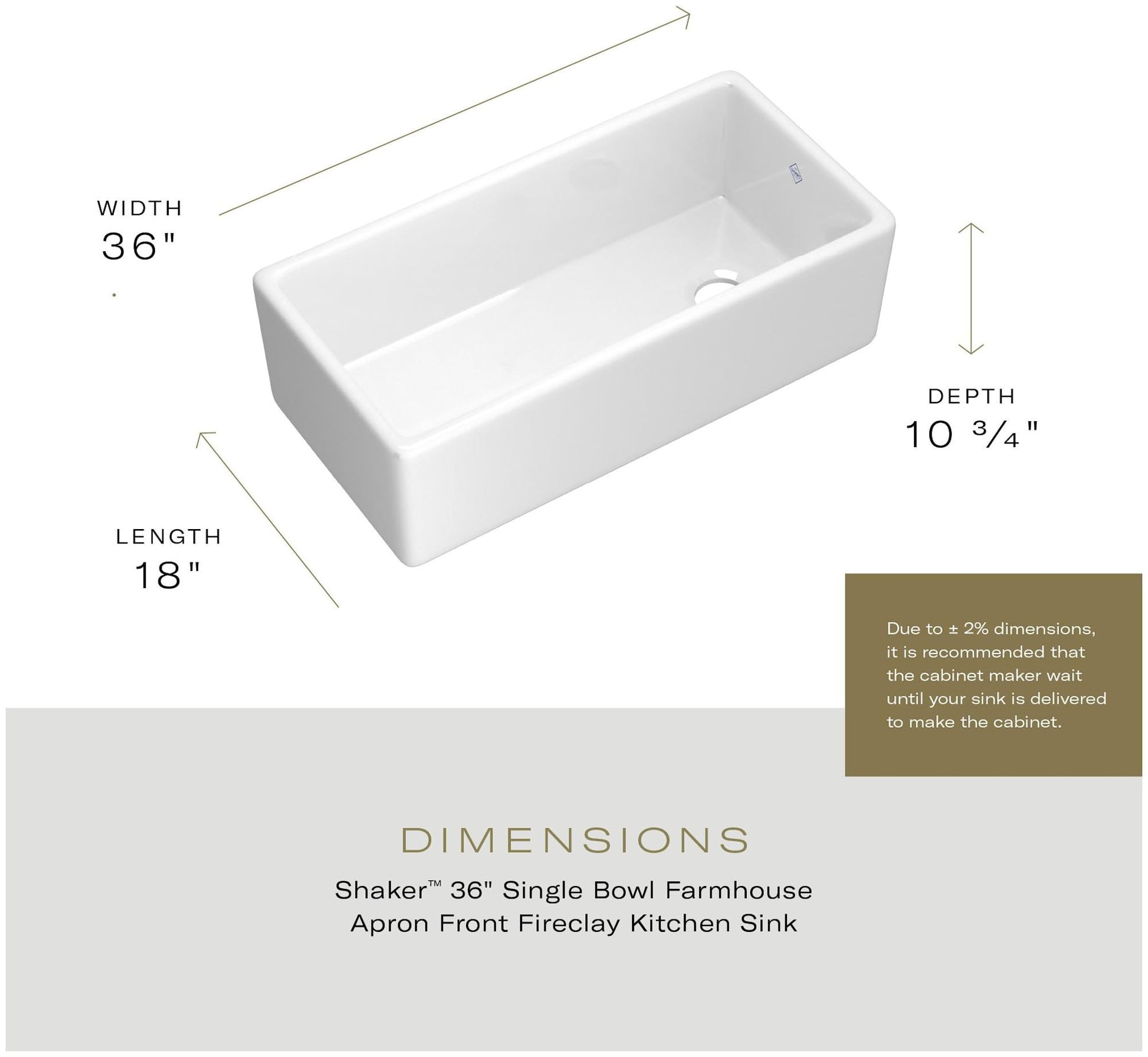 White fireclay farmhouse apron front kitchen sink with single bowl, 36" width, 18" length, 10.75" depth.