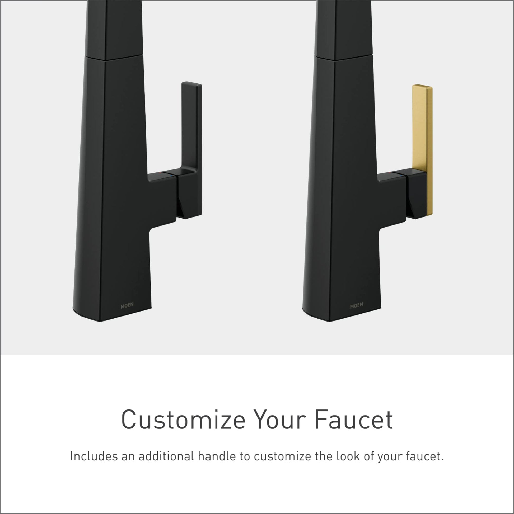 Moen Nio matte black pull-down kitchen faucet shown with black and gold accent handles for customization.