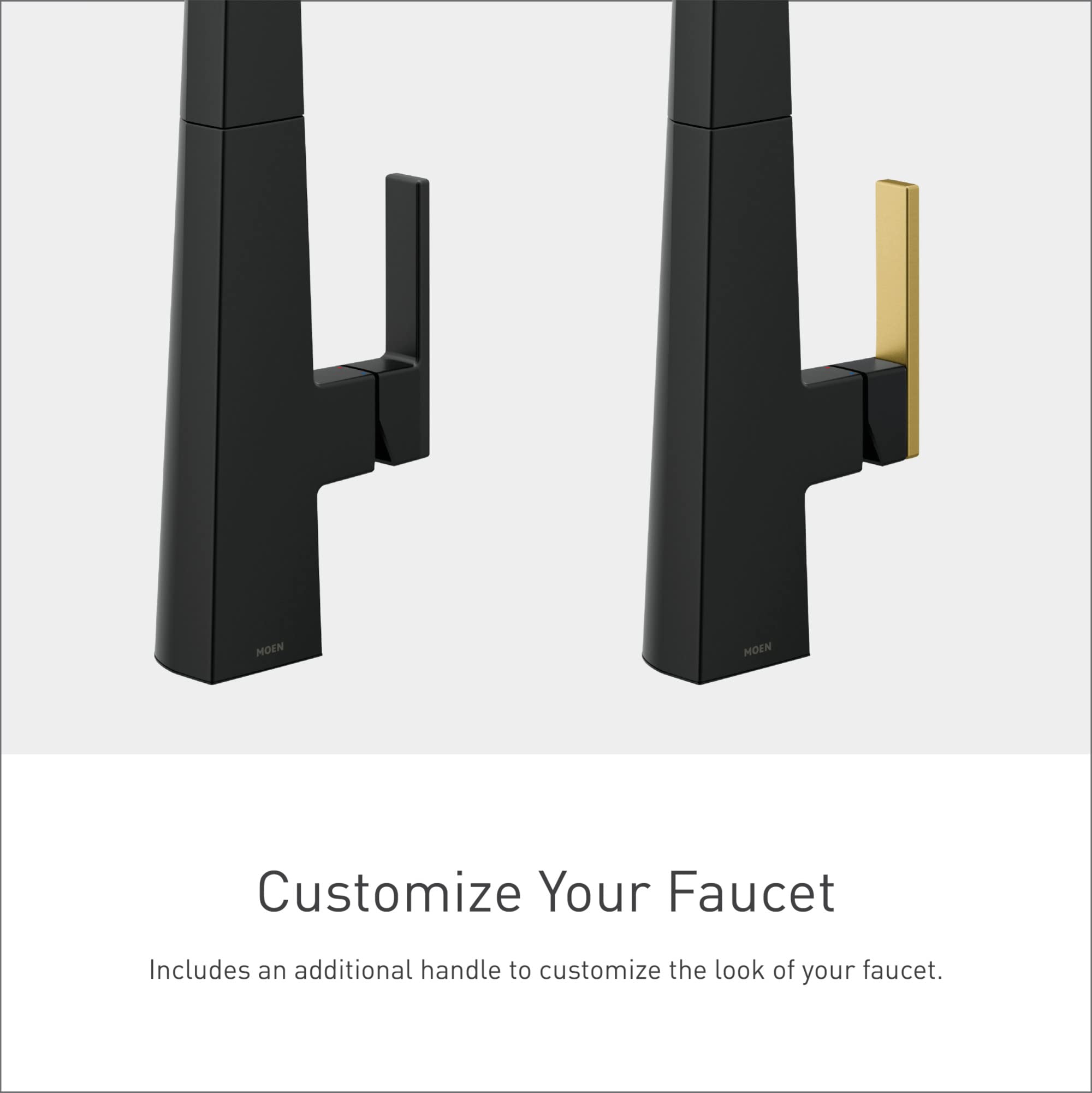 Moen Nio matte black pull-down kitchen faucet shown with black and gold accent handles for customization.